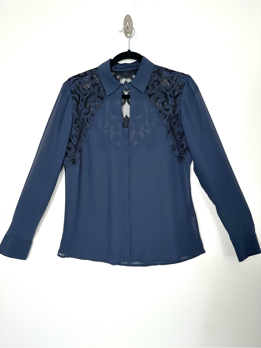 Guess Western Sheer Cutout Mesh Embroidered Blouse Boho Retro Whimsigoth Navy
